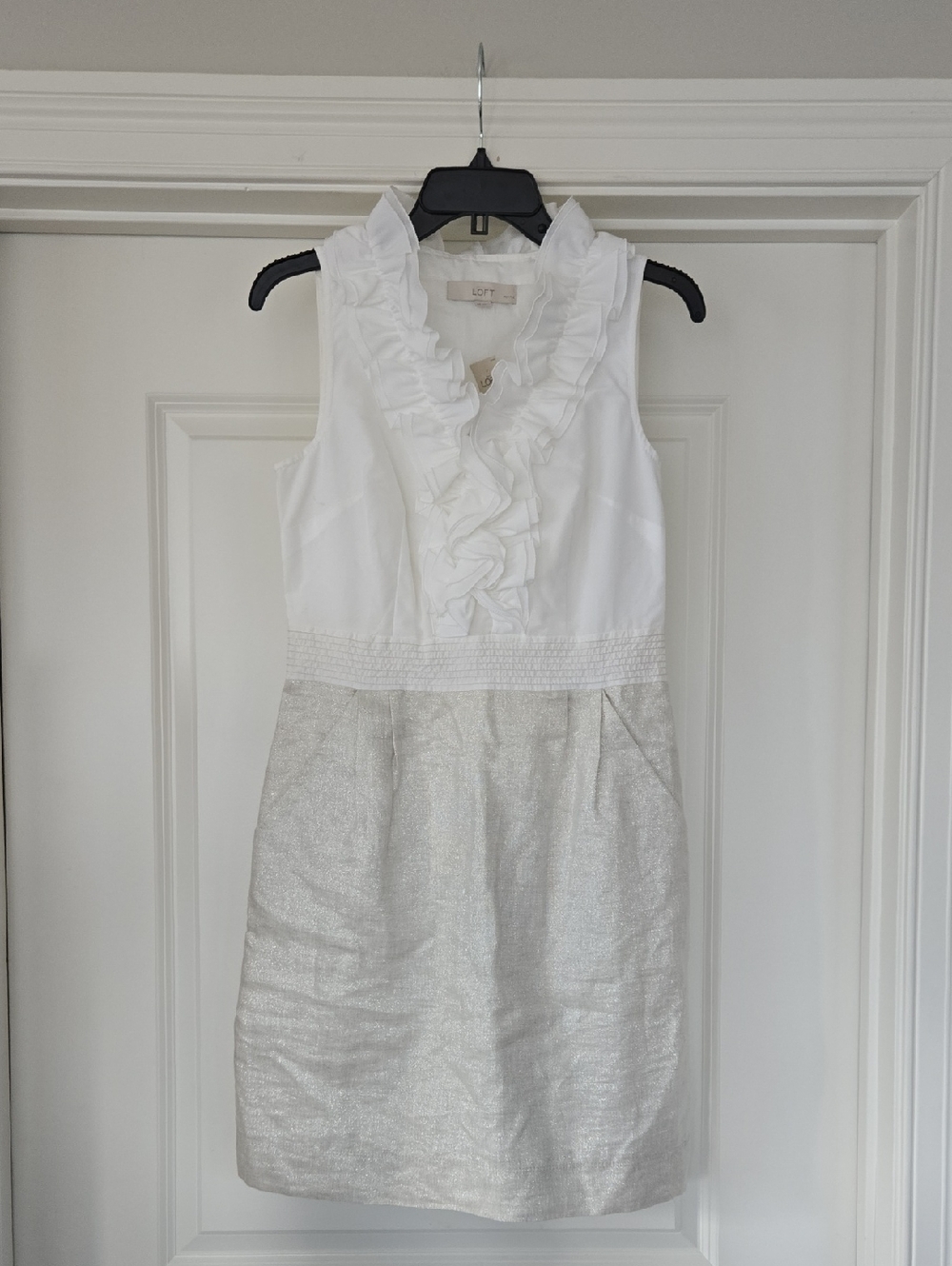 LOFT White Ruffle V-Neck Dress with Shimmery Silver Skirt